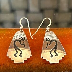 Native American Navajo Silver Kokopelli Dangle Earrings, Signed by Artist